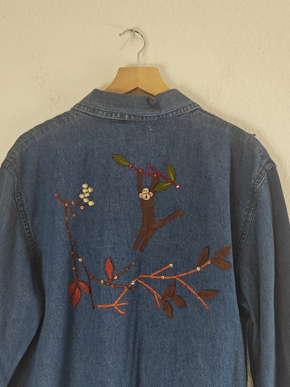 VTG 90s Tantrums Monkey Embroidered Denim Button Up Beaded Sequin Tree Cotton M - Picture 14 of 14